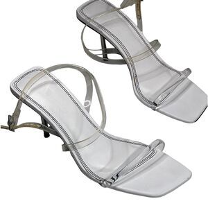 ASOS Design White Square Toe Stilleto Heel Invisible Strap Shoes ,Chrome heels